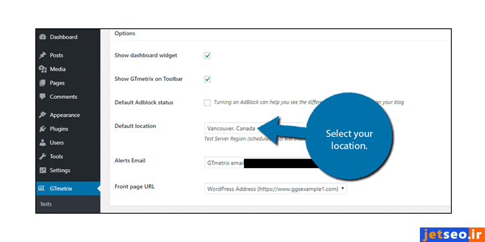 تکمیل اطلاعات مکان و ایمیل در نصب پلاگین جی تی متریکس در وردپرس
