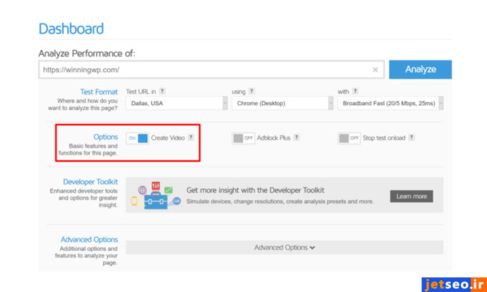 ثبت نام در سایت جی تی متریکس و استفاده از گزینه Create video برای دریافت ویدئوی تحلیلی سایت